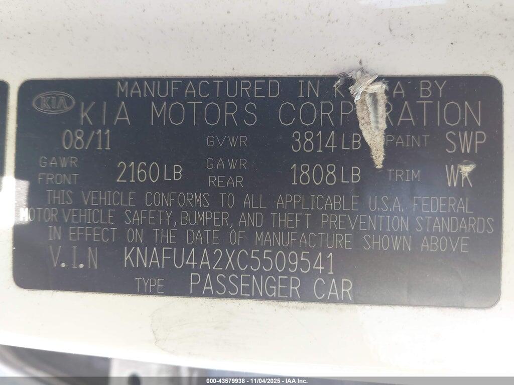 KNAFU4A2XC5509541 2012 KIA FORTE photo no. 9