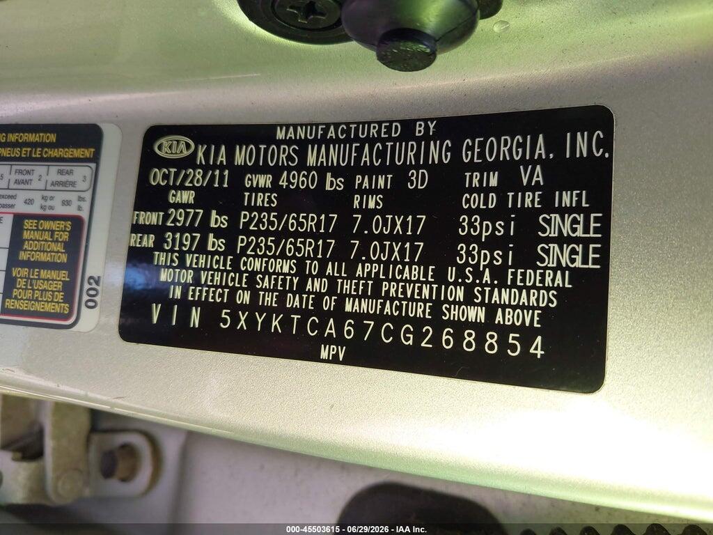 5XYKTCA67CG268854 2012 KIA SORENTO photo no. 9