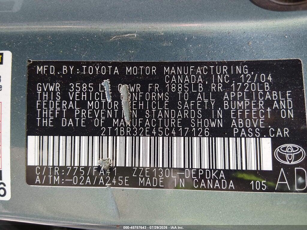 2T1BR32E45C417126 2005 TOYOTA COROLLA photo no. 9