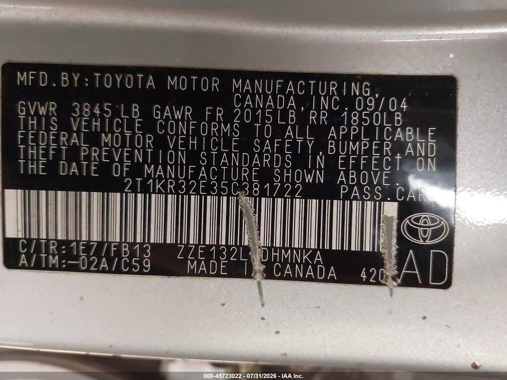 2T1KR32E35C381722 2005 TOYOTA MATRIX photo no. 9
