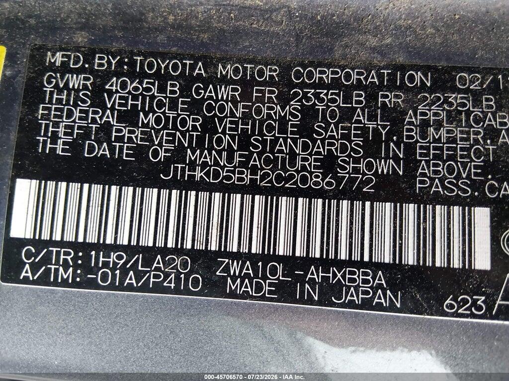 JTHKD5BH2C2086772 2012 LEXUS CT 200H photo no. 9