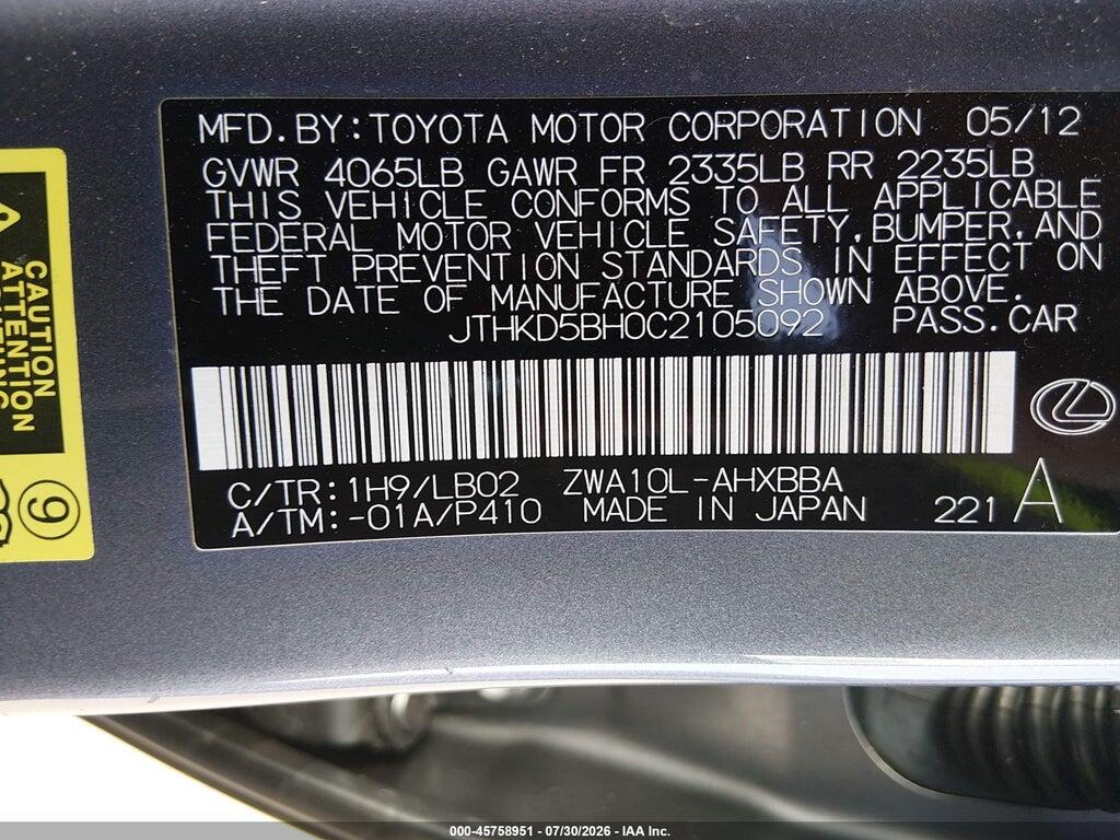 JTHKD5BH0C2105092 2012 LEXUS CT 200H photo no. 9
