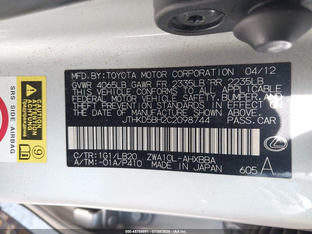 JTHKD5BH2C2098744 2012 LEXUS CT 200H photo no. 9