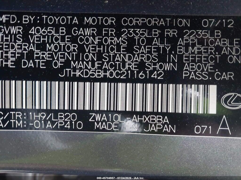 JTHKD5BH0C2116142 2012 LEXUS CT 200H photo no. 9