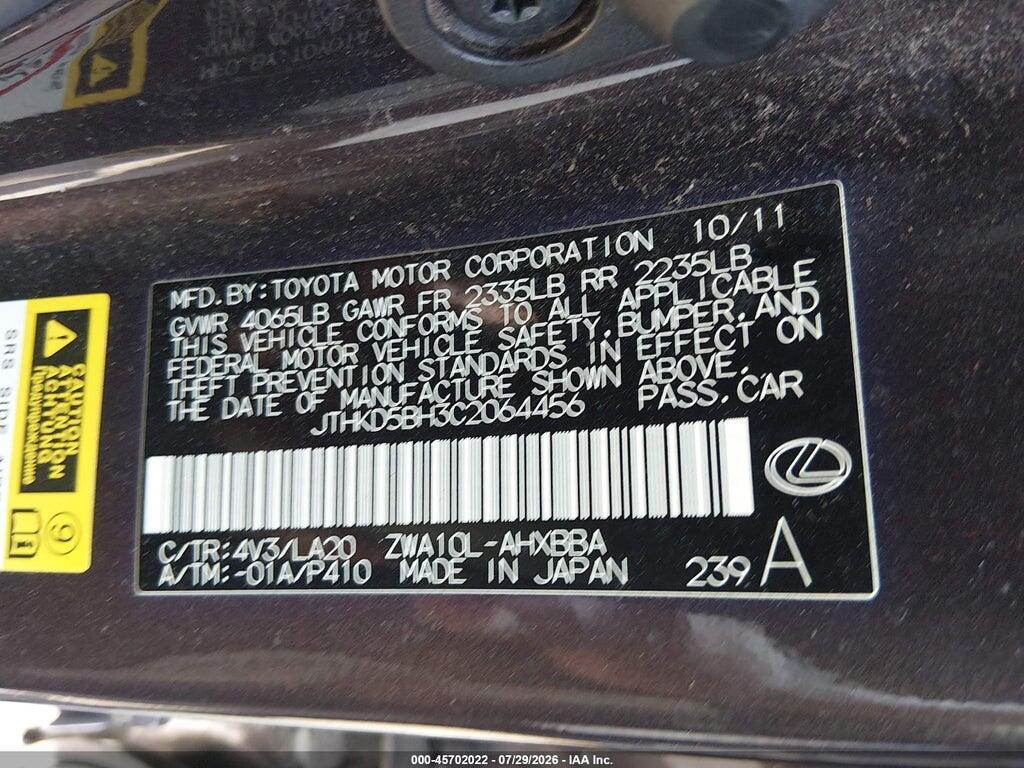 JTHKD5BH3C2064456 2012 LEXUS CT 200H photo no. 9