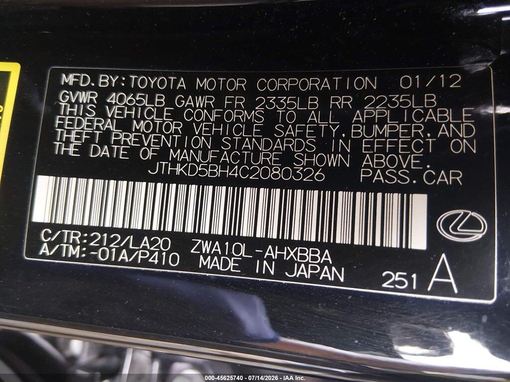 JTHKD5BH4C2080326 2012 LEXUS CT 200H photo no. 9