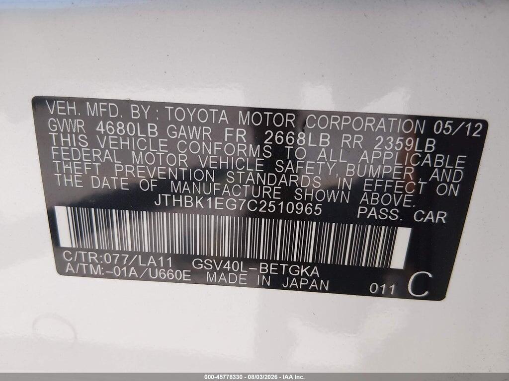JTHBK1EG7C2510965 2012 LEXUS ES 350 photo no. 9