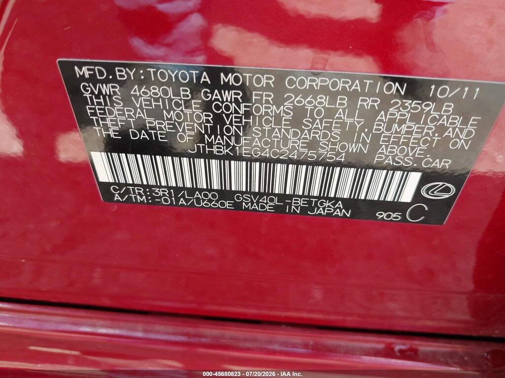 JTHBK1EG4C2475754 2012 LEXUS ES 350 photo no. 9