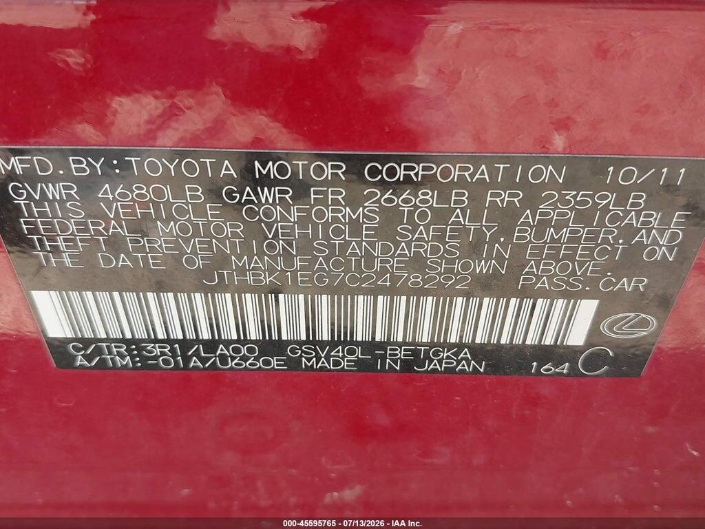JTHBK1EG7C2478292 2012 LEXUS ES 350 photo no. 9