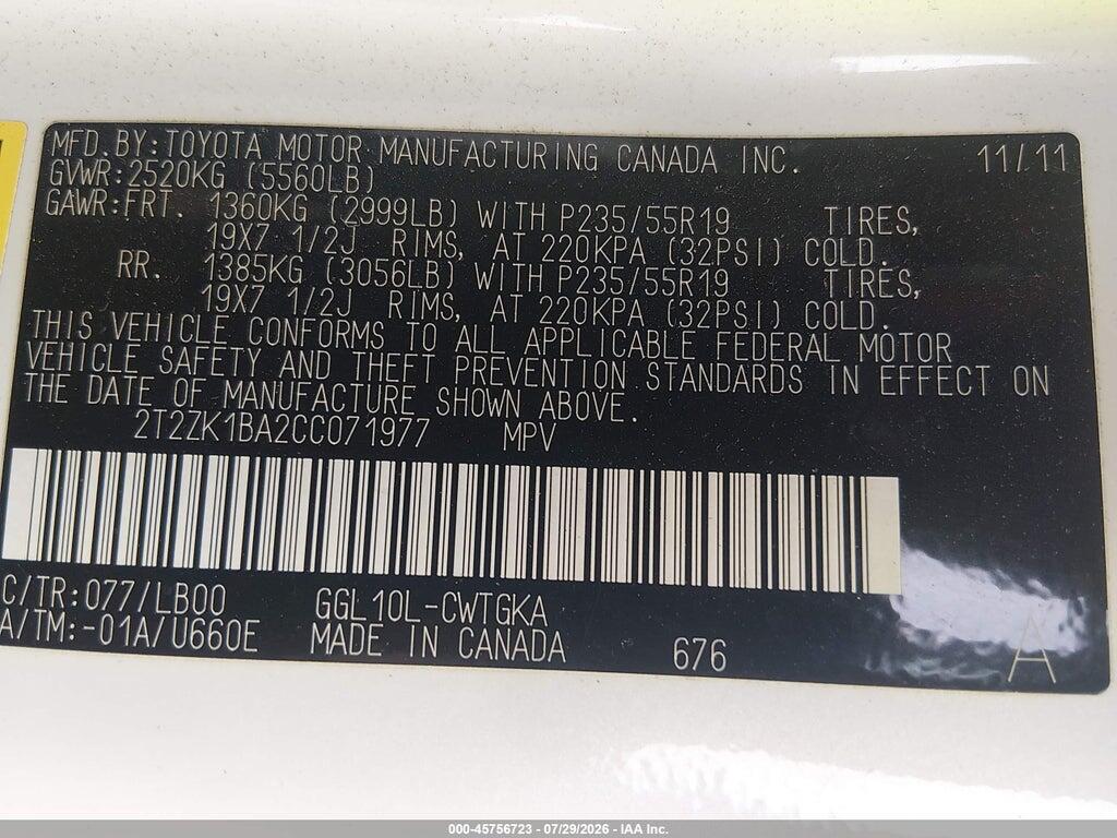 2T2ZK1BA2CC071977 2012 LEXUS RX 350 photo no. 9
