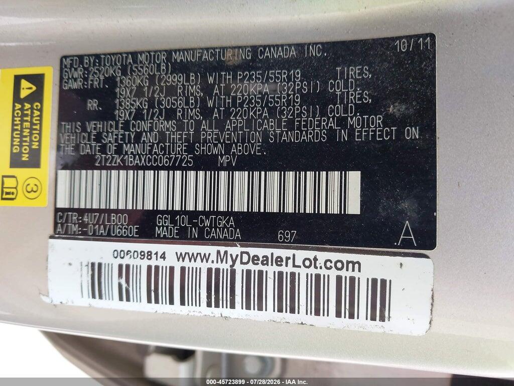 2T2ZK1BAXCC067725 2012 LEXUS RX 350 photo no. 9