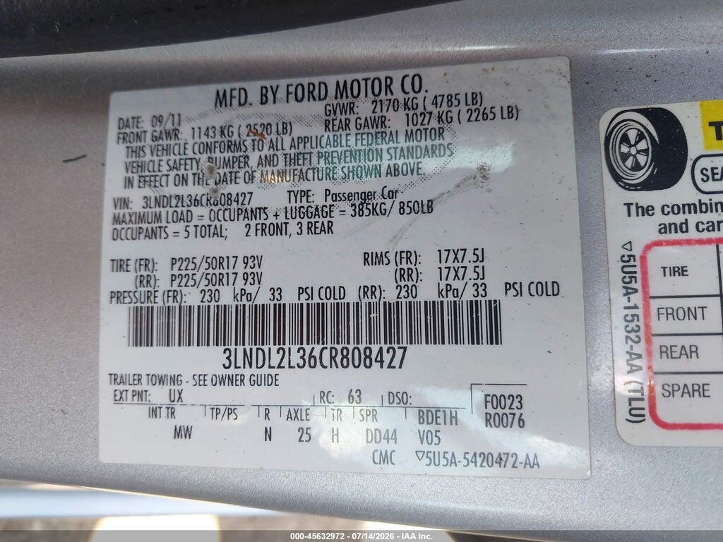 3LNDL2L36CR808427 2012 LINCOLN MKZ HYBRID photo no. 9
