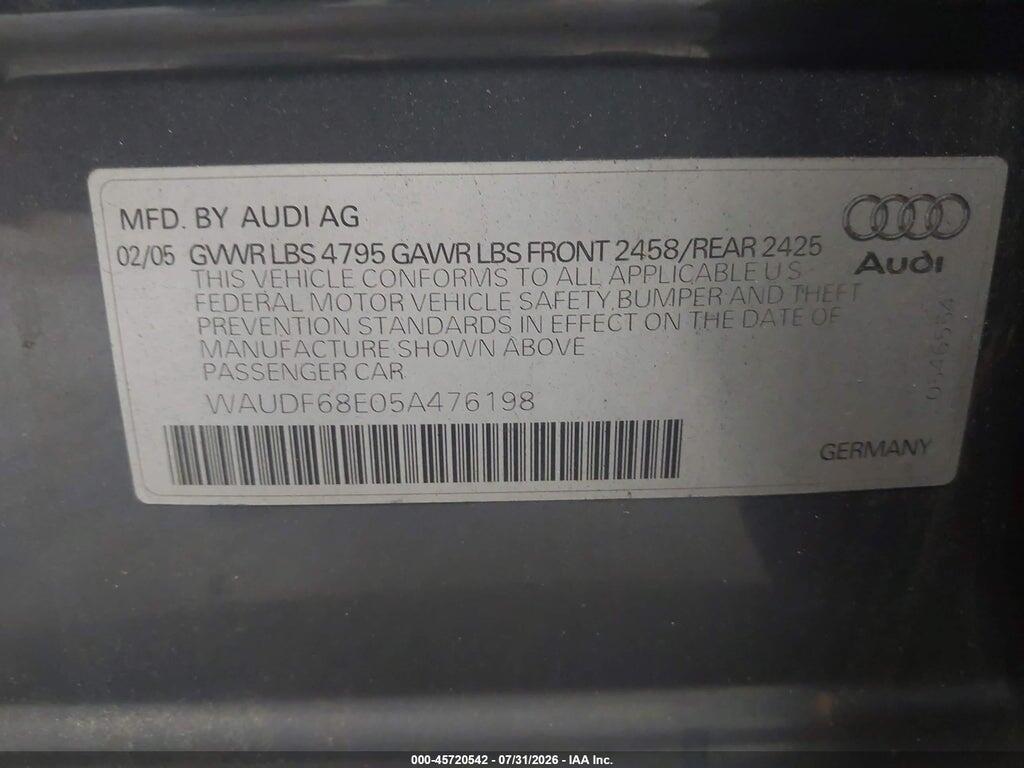 WAUDF68E05A476198 2005 AUDI A4 photo no. 9
