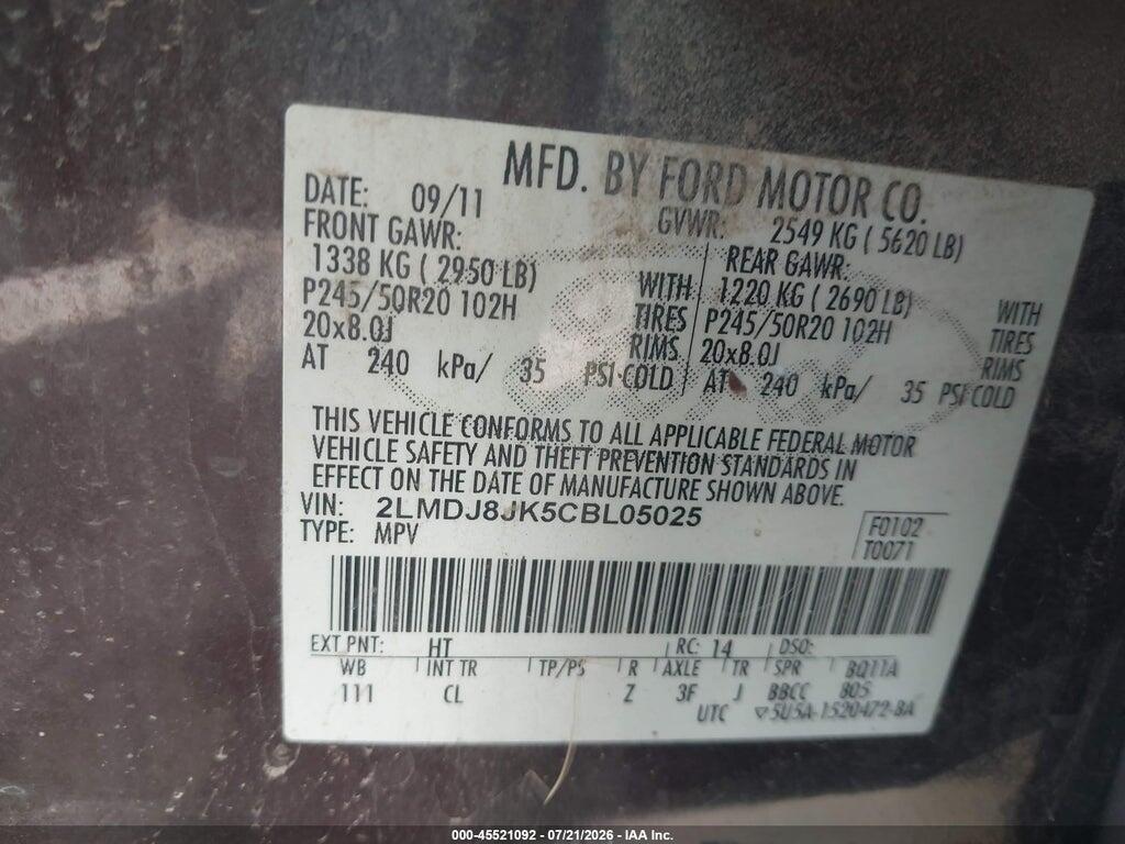 2LMDJ8JK5CBL05025 2012 LINCOLN MKX photo no. 9
