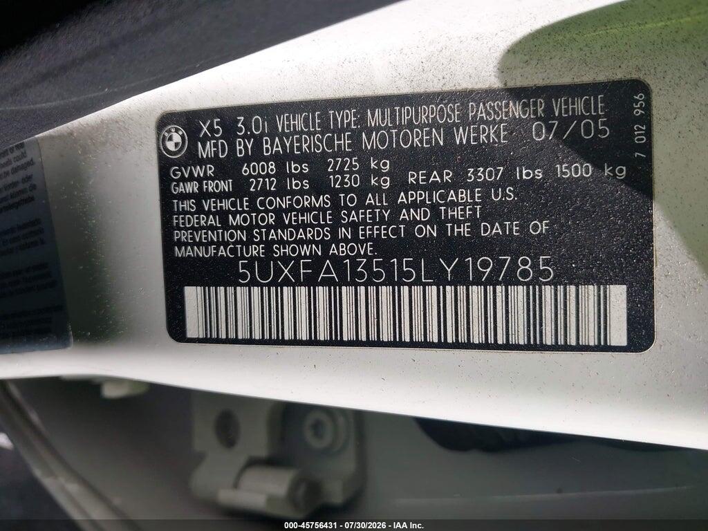 5UXFA13515LY19785 2005 BMW X5 photo no. 9