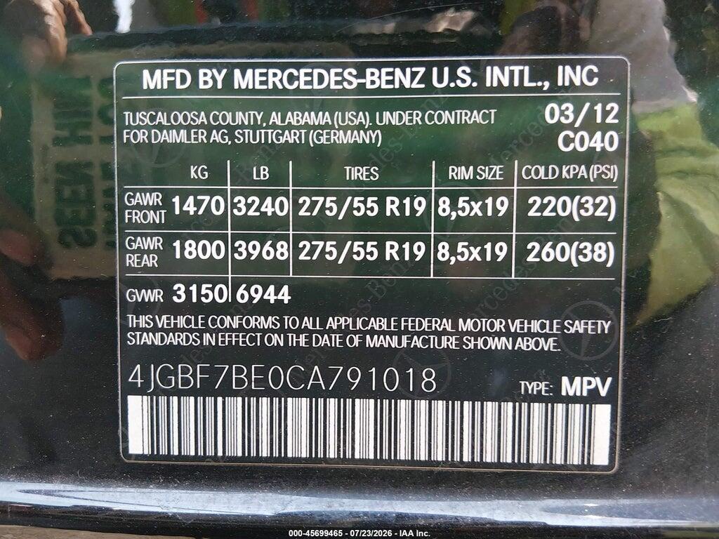 4JGBF7BE0CA791018 2012 MERCEDES-BENZ GL 450 photo no. 9