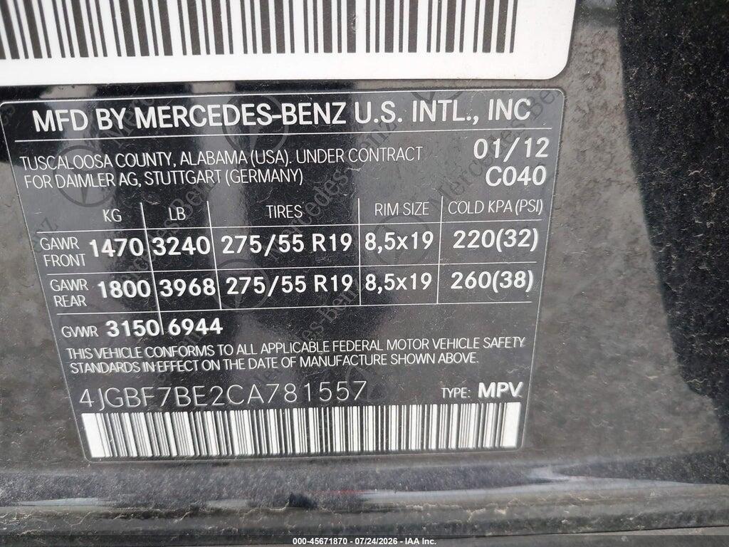 4JGBF7BE2CA781557 2012 MERCEDES-BENZ GL 450 photo no. 9