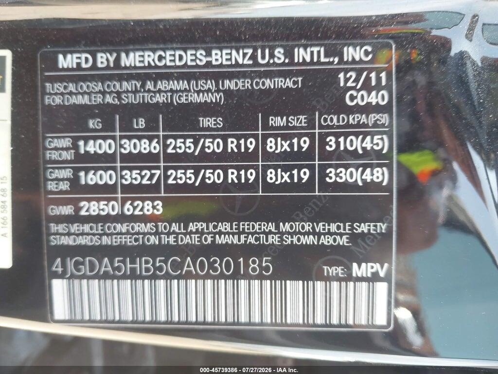 4JGDA5HB5CA030185 2012 MERCEDES-BENZ ML 350 photo no. 9