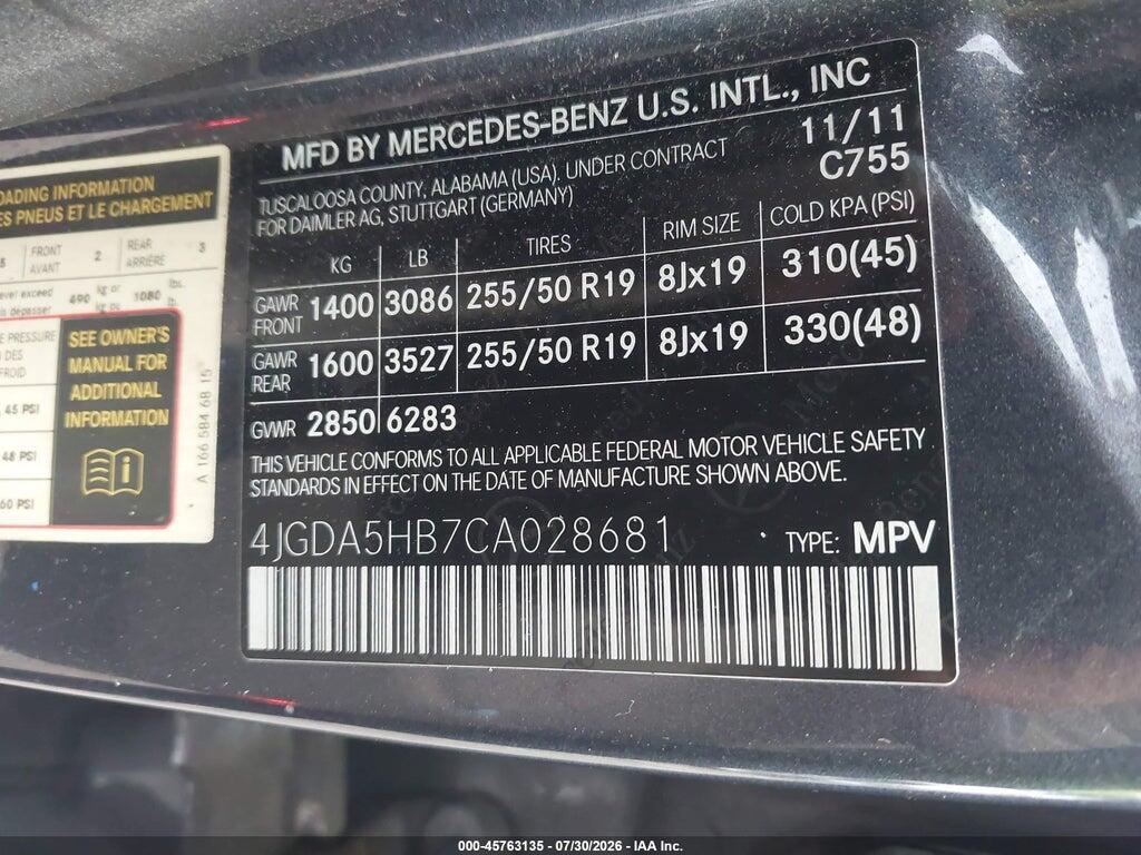 4JGDA5HB7CA028681 2012 MERCEDES-BENZ ML 350 photo no. 9