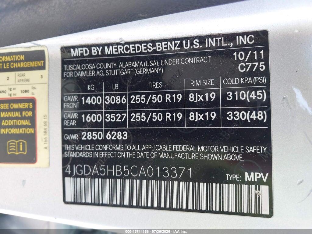 4JGDA5HB5CA013371 2012 MERCEDES-BENZ ML 350 photo no. 9