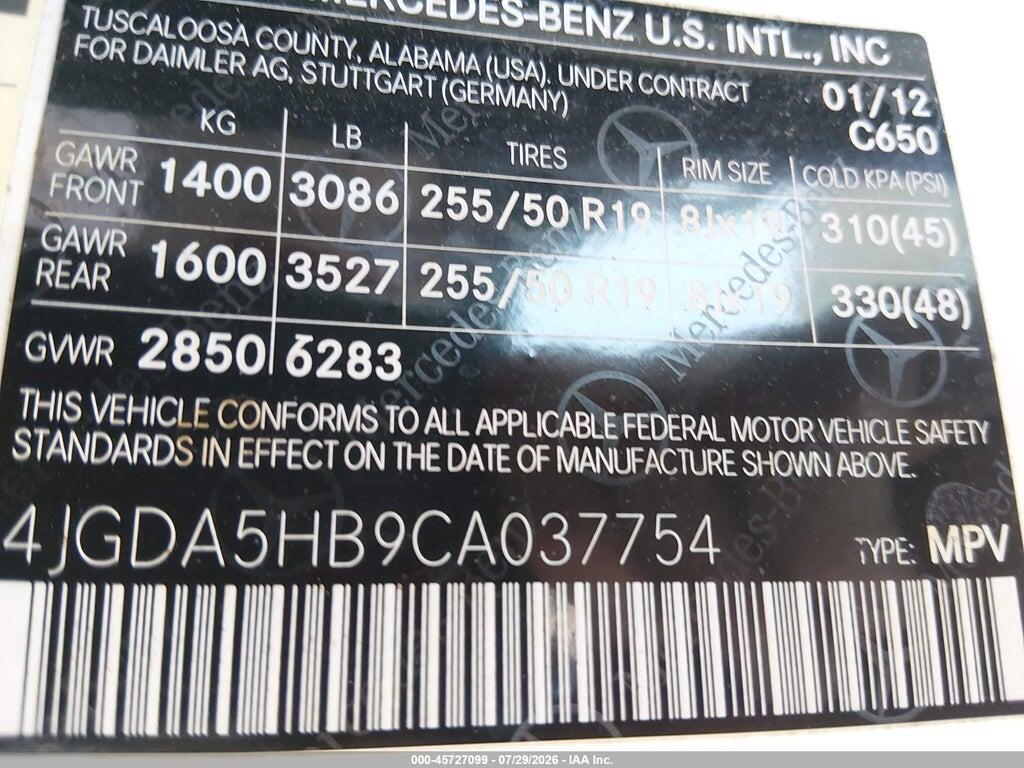 4JGDA5HB9CA037754 2012 MERCEDES-BENZ ML 350 photo no. 9