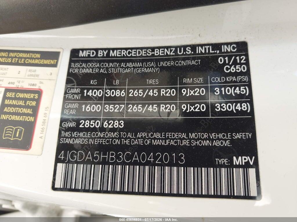 4JGDA5HB3CA042013 2012 MERCEDES-BENZ ML 350 photo no. 9