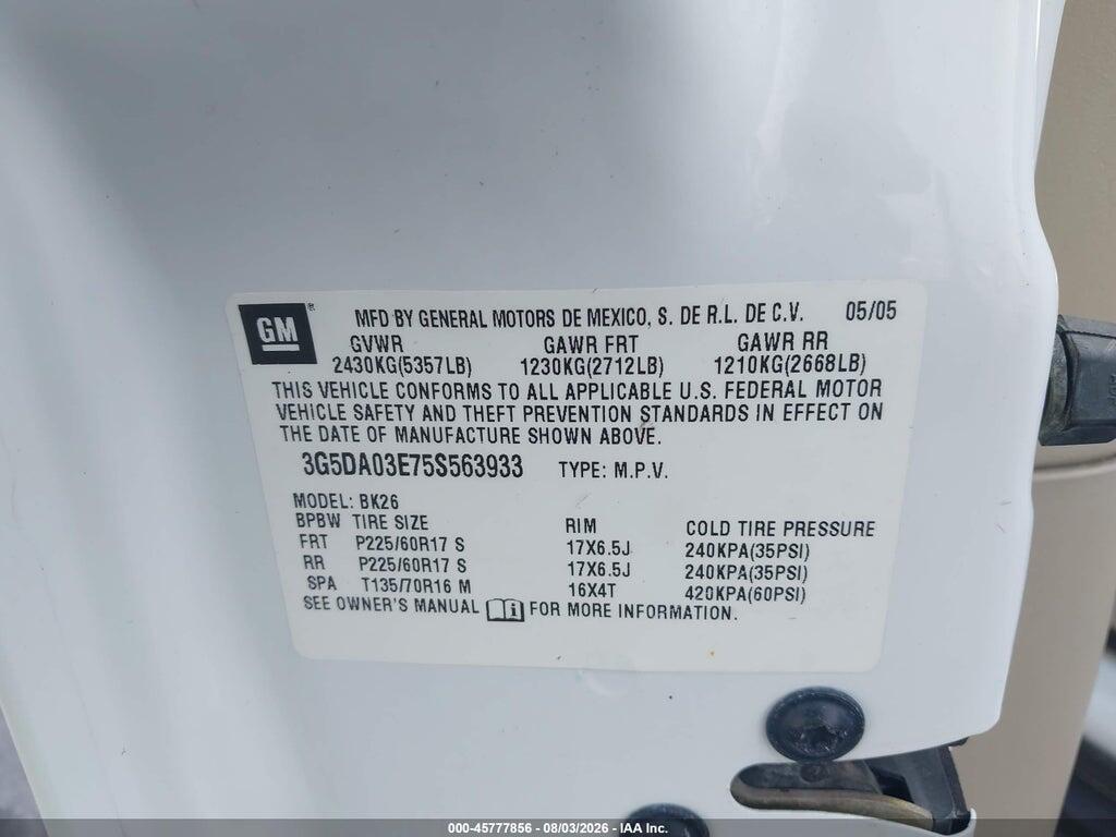 3G5DA03E75S563933 2005 BUICK RENDEZVOUS photo no. 9