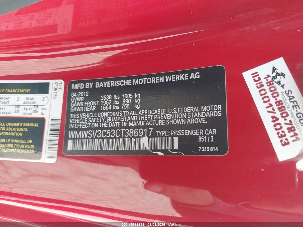 WMWSV3C53CT386917 2012 MINI COOPER S photo no. 9