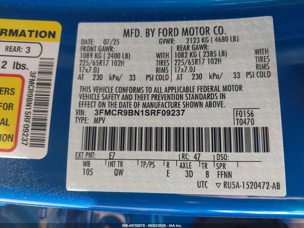 3FMCR9BN1SRF09237 2025 FORD BRONCO SPORT photo no. 9
