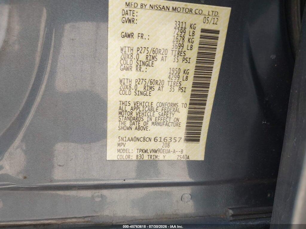 5N1AA0NC8CN616357 2012 NISSAN ARMADA photo no. 9