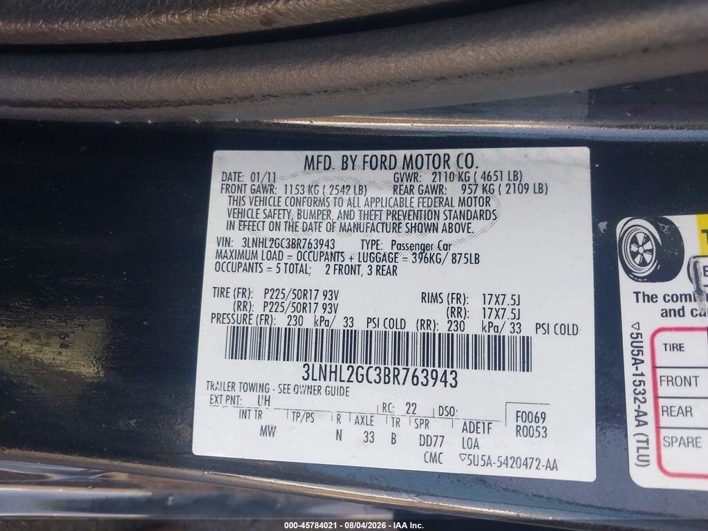 3LNHL2GC3BR763943 2011 LINCOLN MKZ photo no. 9