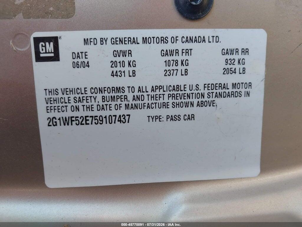 2G1WF52E759107437 2005 CHEVROLET IMPALA photo no. 9