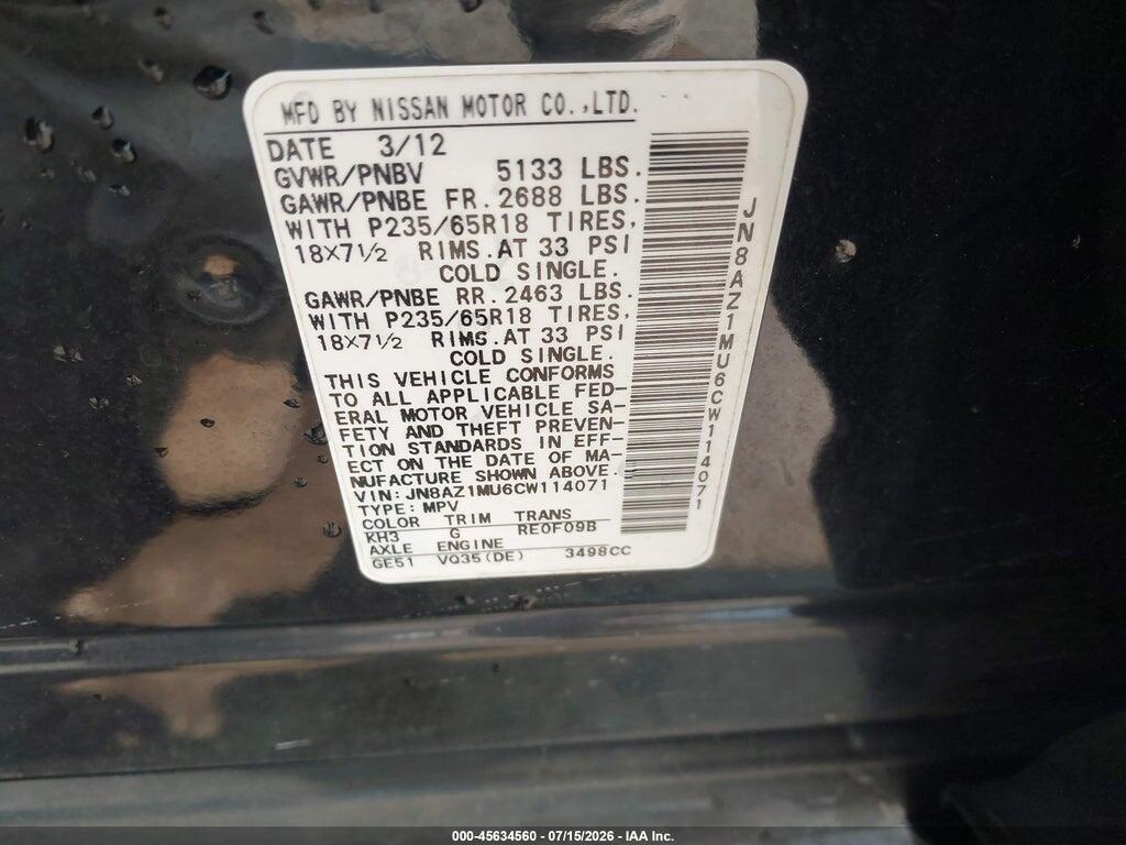 JN8AZ1MU6CW114071 2012 NISSAN MURANO photo no. 9