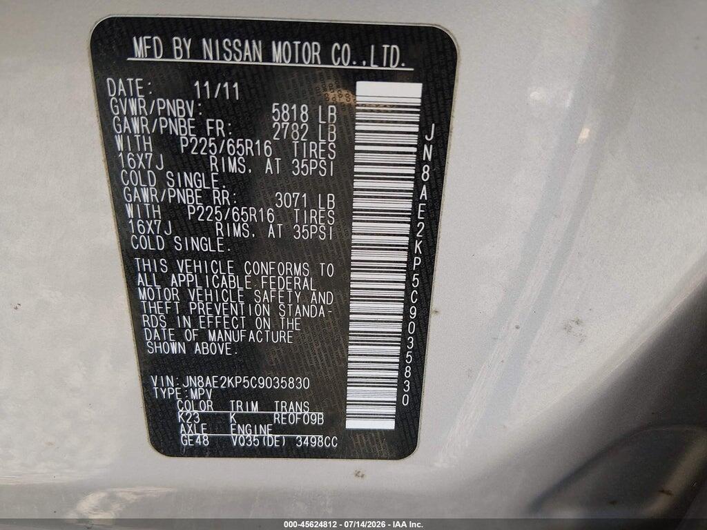 JN8AE2KP5C9035830 2012 NISSAN QUEST photo no. 9