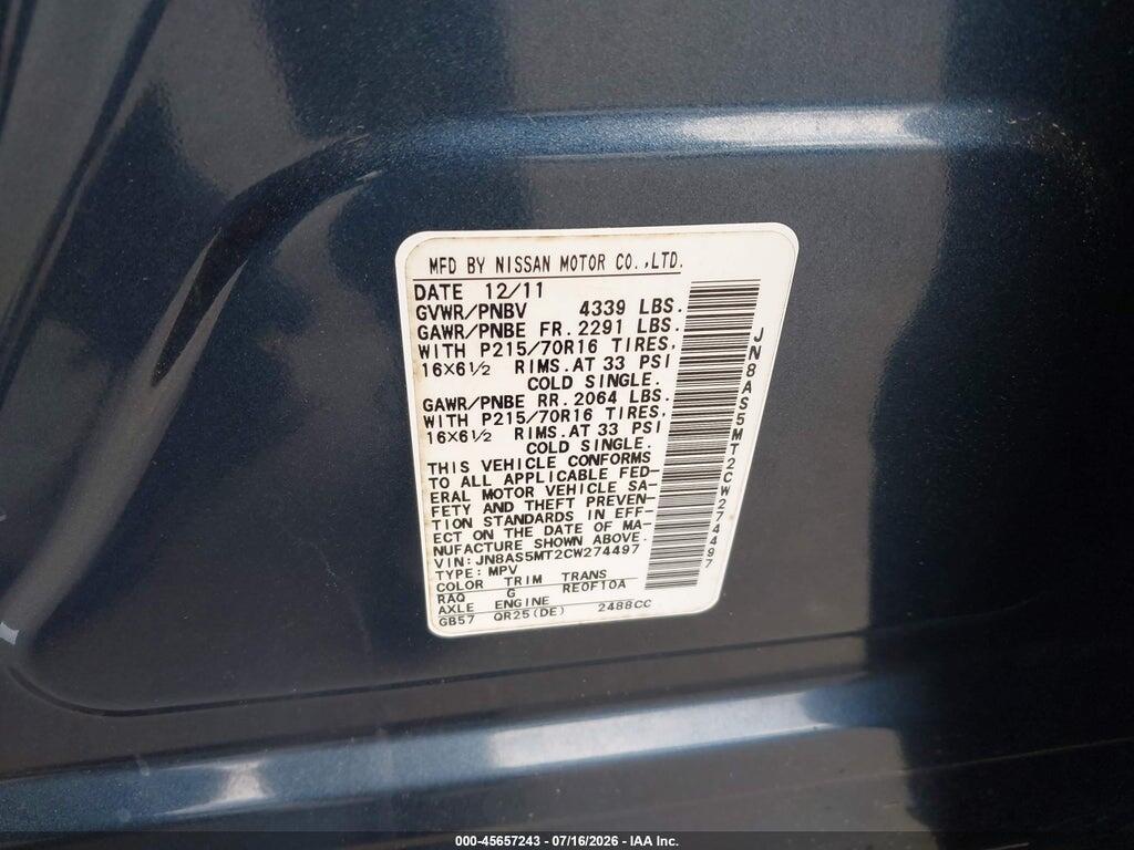 JN8AS5MT2CW274497 2012 NISSAN ROGUE photo no. 9
