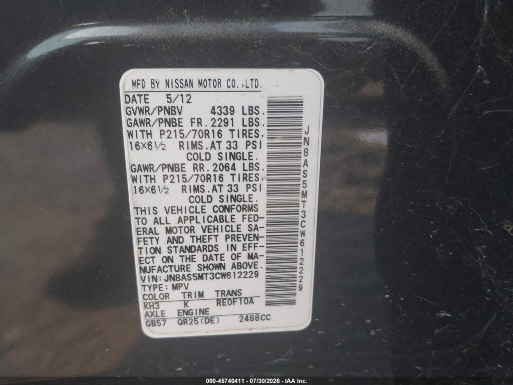JN8AS5MT3CW612229 2012 NISSAN ROGUE photo no. 9