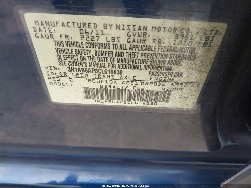 3N1AB6AP8CL616830 2012 NISSAN SENTRA photo no. 9