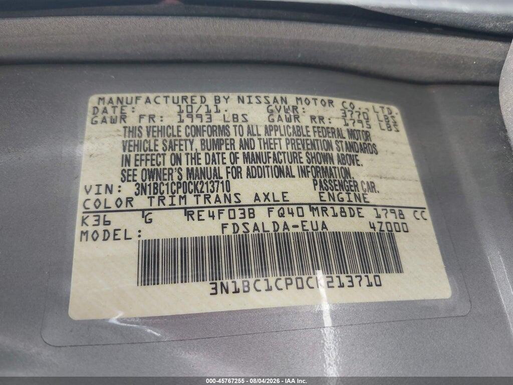 3N1BC1CP0CK213710 2012 NISSAN VERSA photo no. 9