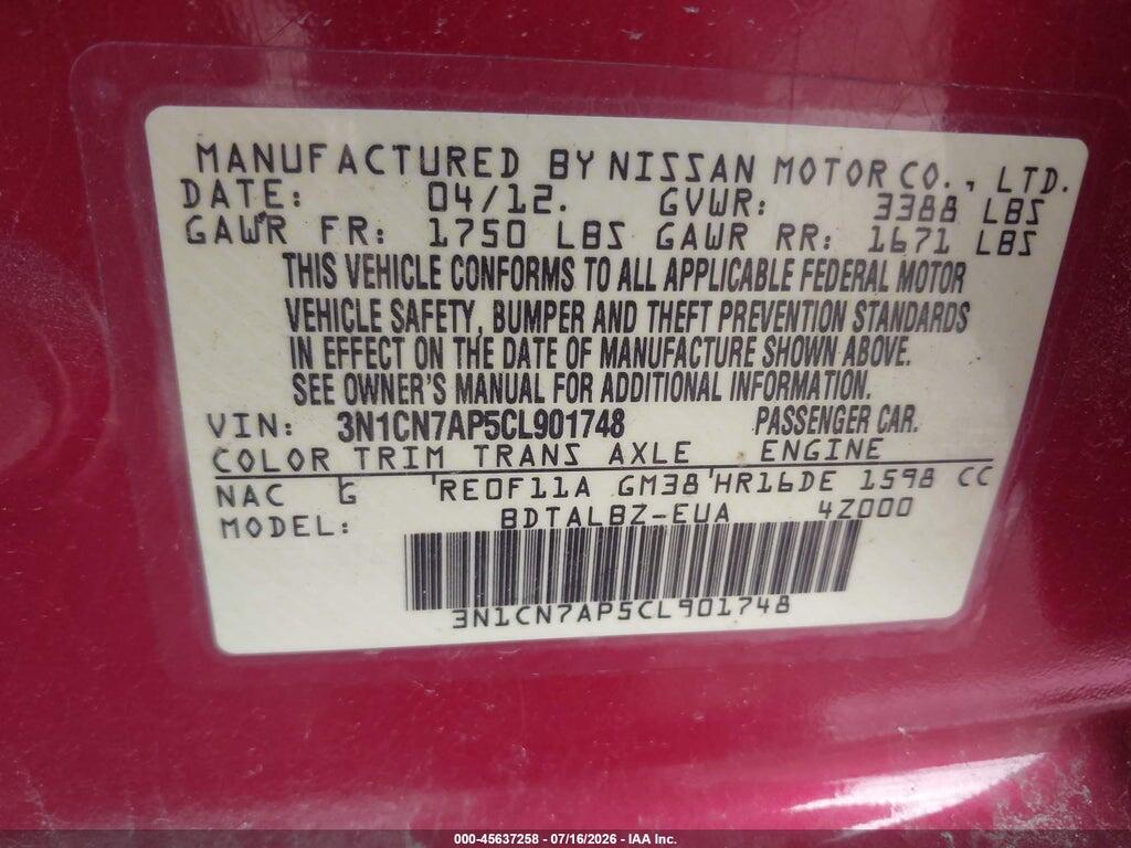 3N1CN7AP5CL901748 2012 NISSAN VERSA photo no. 9
