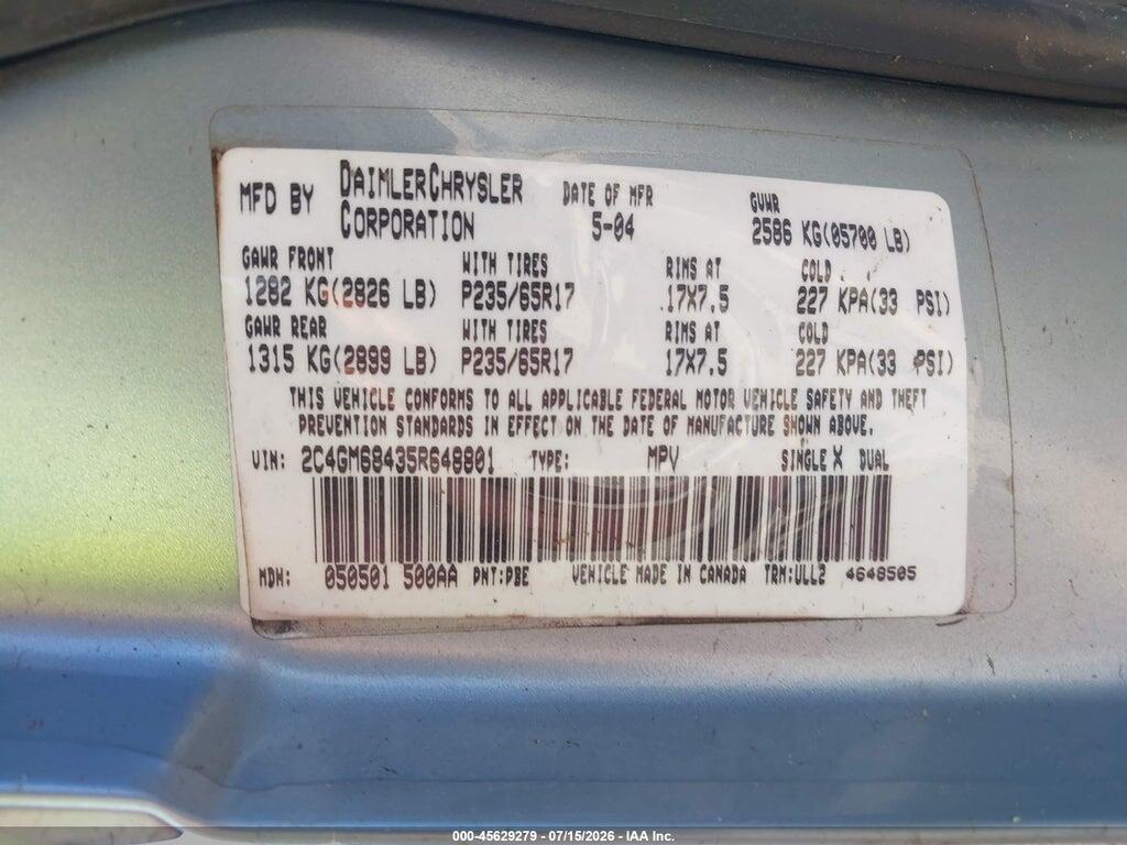 2C4GM68435R648801 2005 CHRYSLER PACIFICA photo no. 9