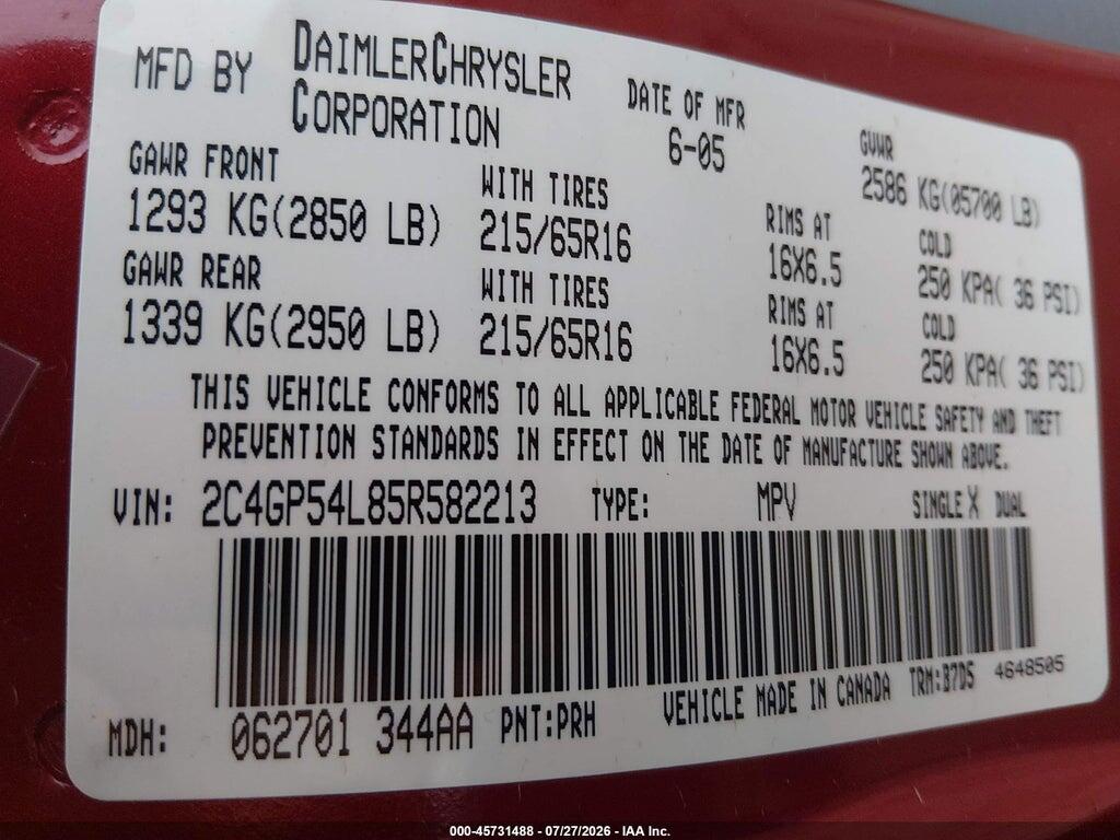 2C4GP54L85R582213 2005 CHRYSLER TOWN & COUNTRY photo no. 9