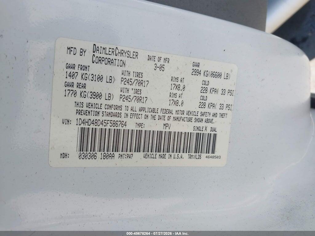 1D4HD48D45F586764 2005 DODGE DURANGO photo no. 9