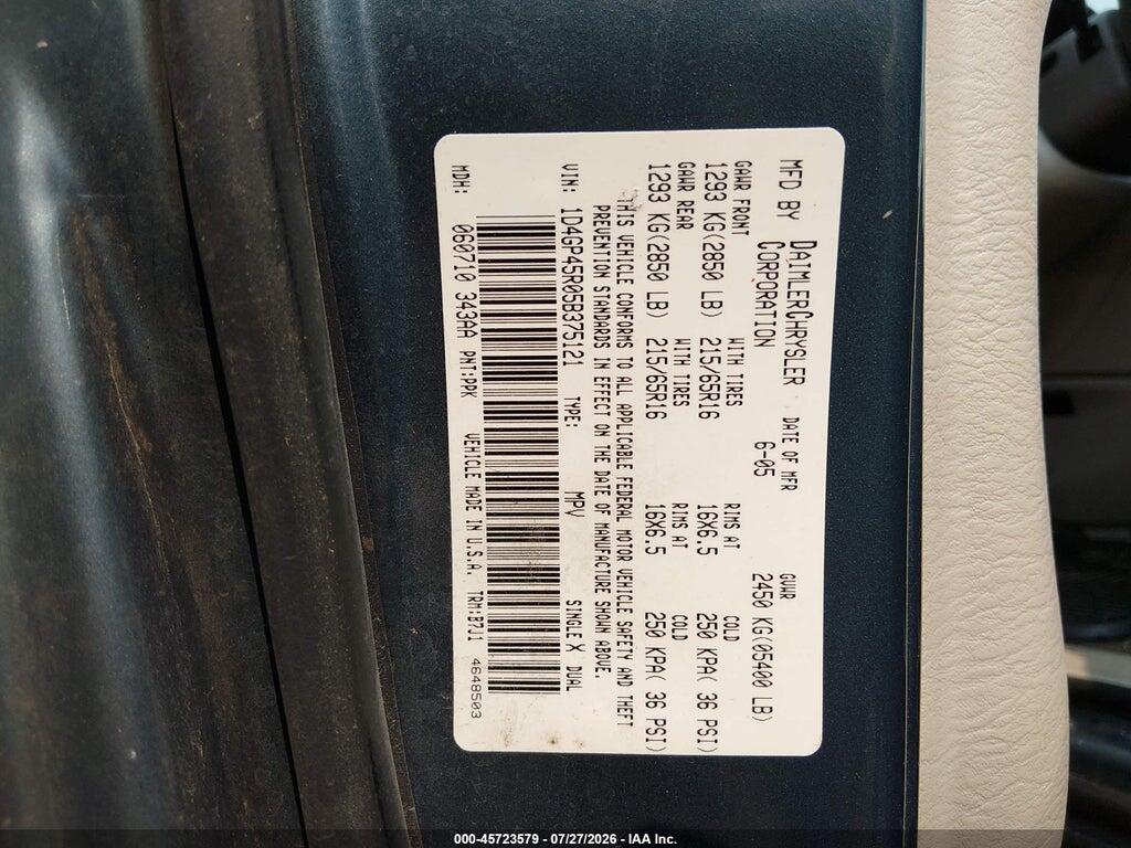 1D4GP45R05B375121 2005 DODGE CARAVAN photo no. 9