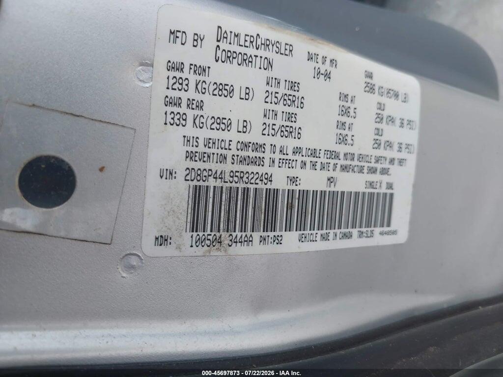2D8GP44L95R322494 2005 DODGE CARAVAN photo no. 9