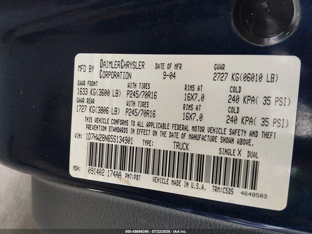 1D7HW28N65S134901 2005 DODGE DAKOTA photo no. 9