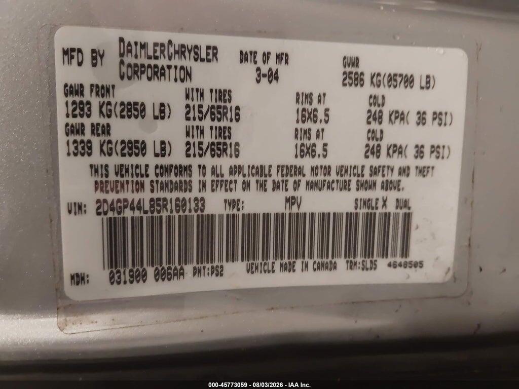 2D4GP44L85R160133 2005 DODGE GRAND CARAVAN photo no. 9
