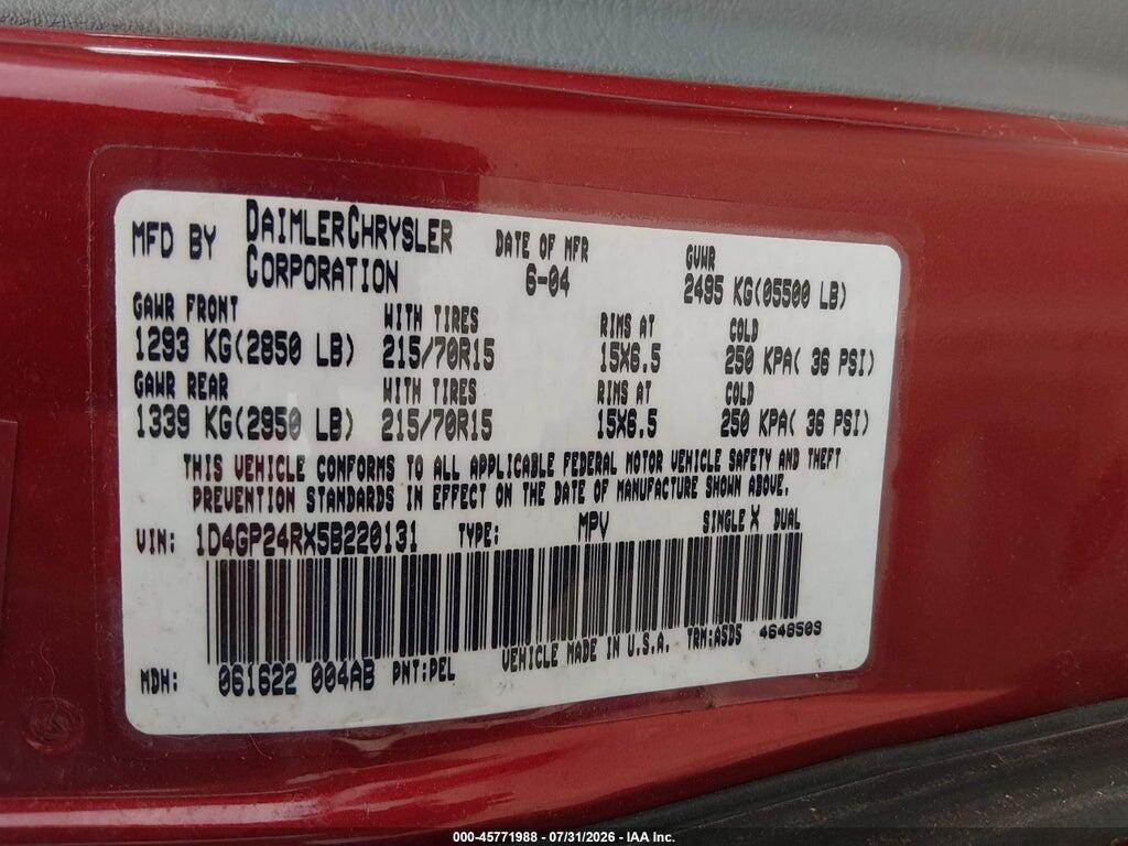 1D4GP24RX5B220131 2005 DODGE GRAND CARAVAN photo no. 9