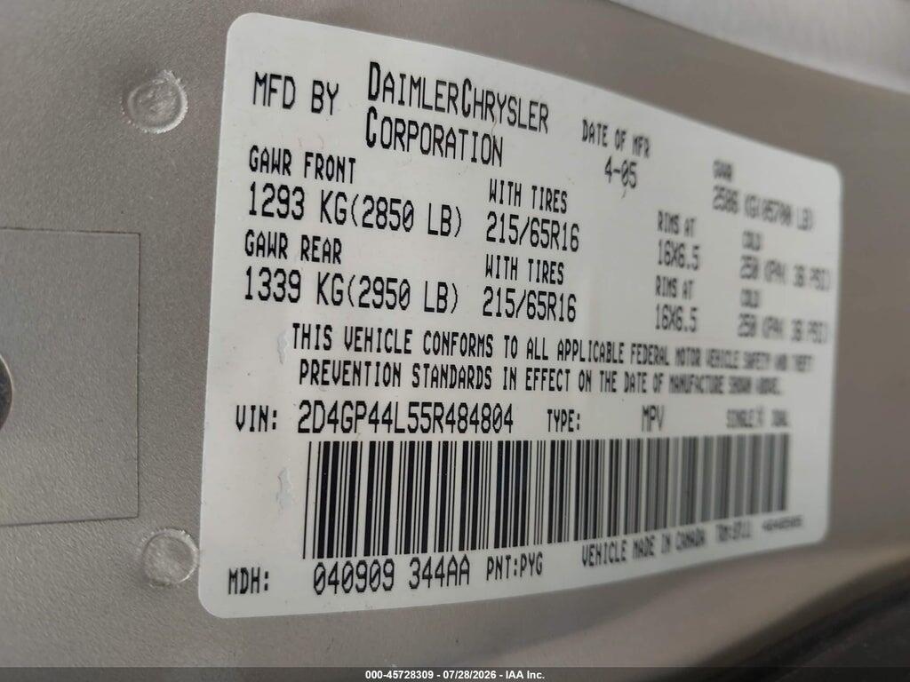 2D4GP44L55R484804 2005 DODGE GRAND CARAVAN photo no. 9