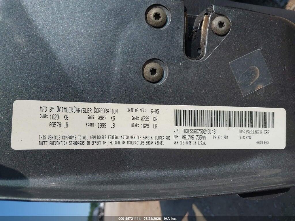 1B3ES56C75D243143 2005 DODGE NEON photo no. 9