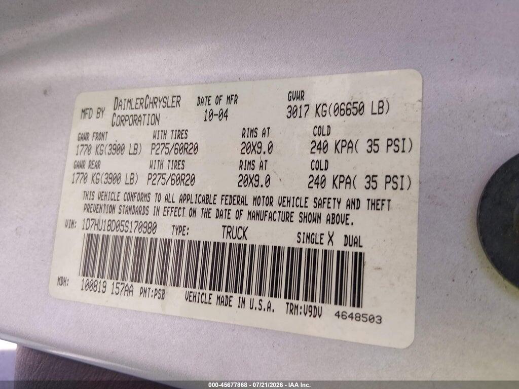 1D7HU18D05S170980 2005 DODGE RAM 1500 photo no. 9